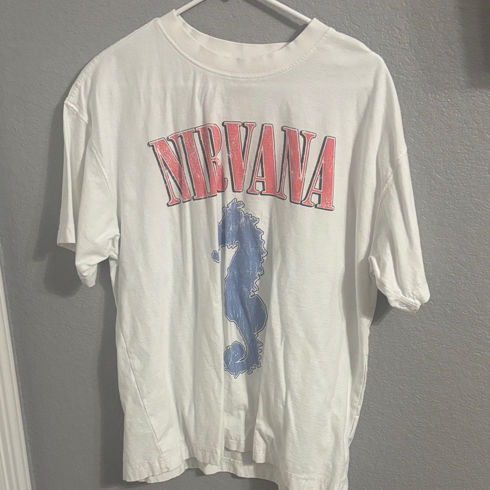 NIRVANA White Tee with Red Logo and Blue Seahorse